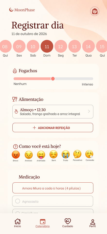 Registro diário com intensidade de fogachos, alimentação, humor e medicação