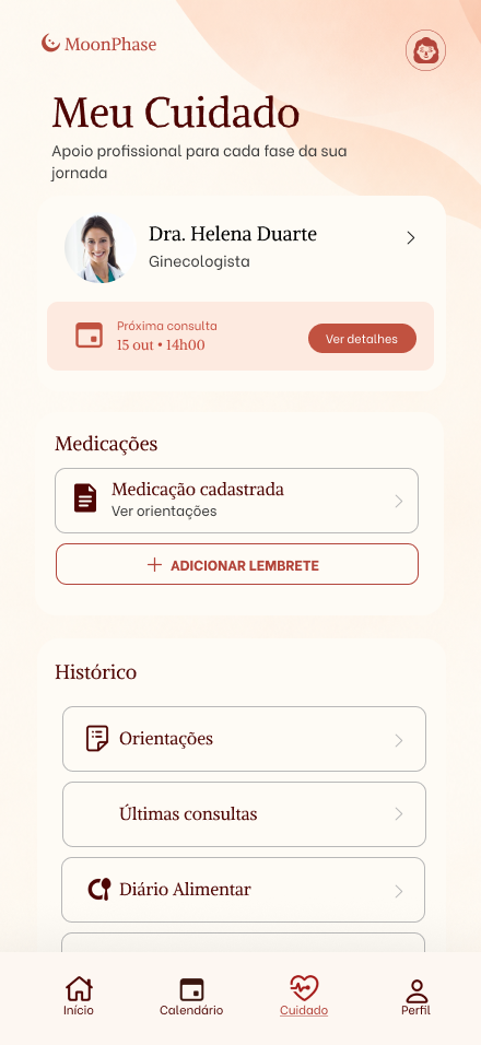 Área Meu Cuidado com profissional de referência, próxima consulta, lembretes e histórico